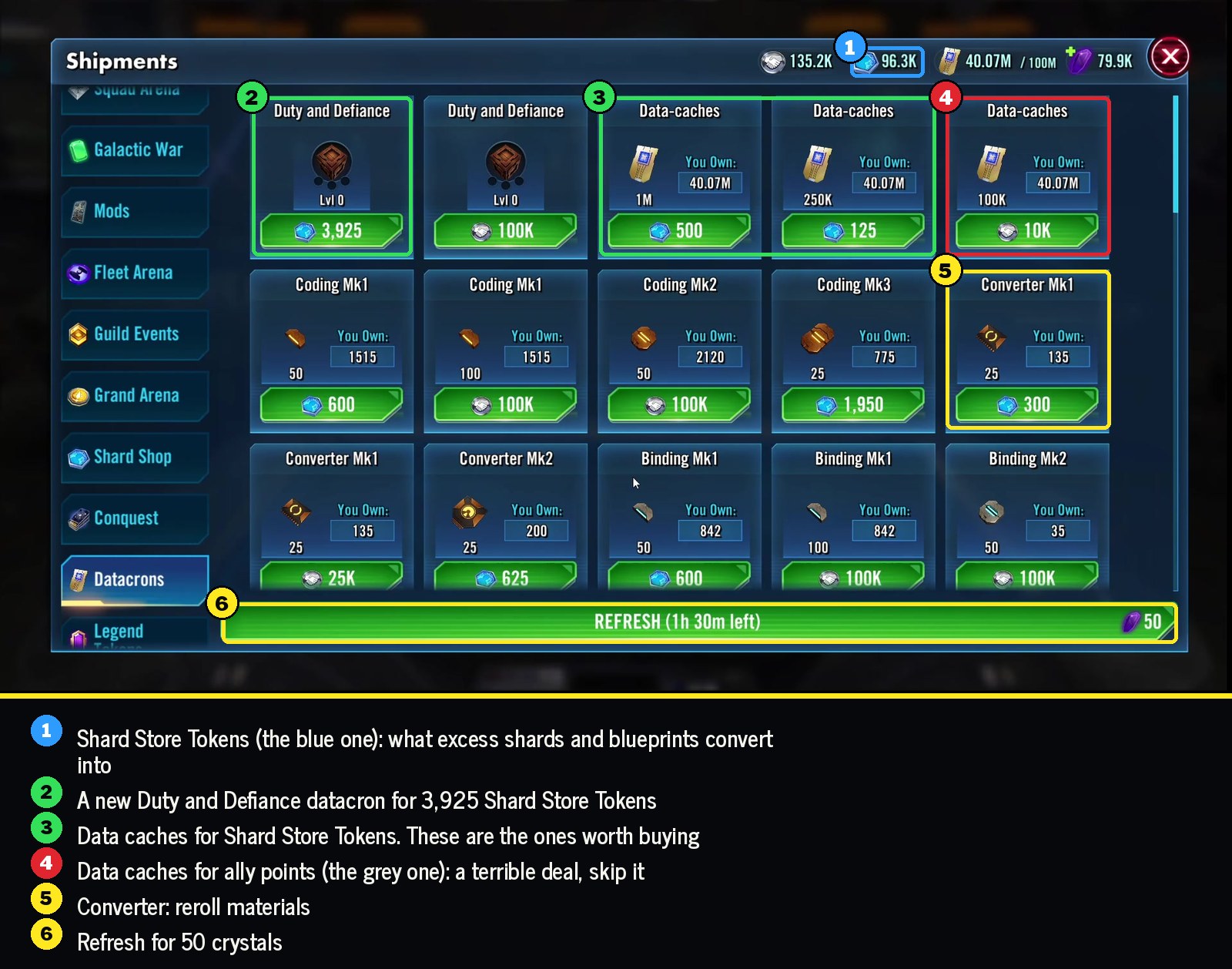 Shipments, Datacrons tab: shard currency, datacrons, data caches, reroll materials, refresh