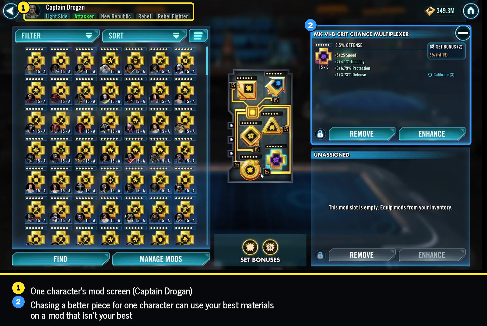 One character's mod screen