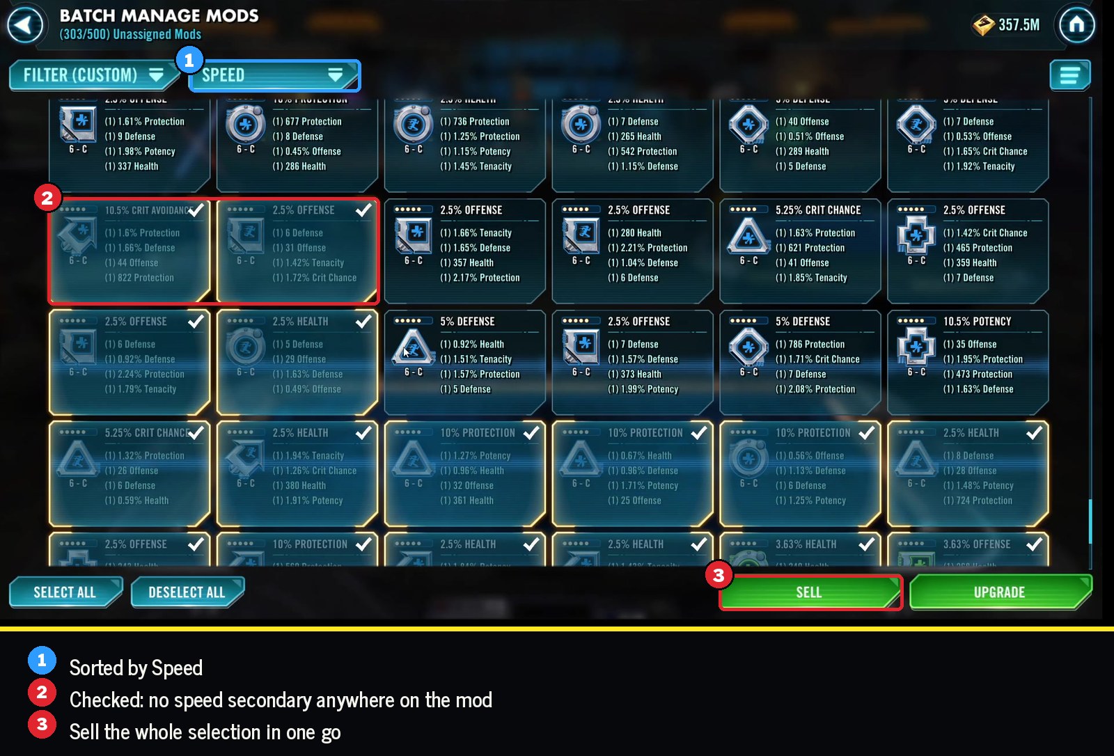 Batch Manage Mods sorted by speed with the no speed mods selected to sell
