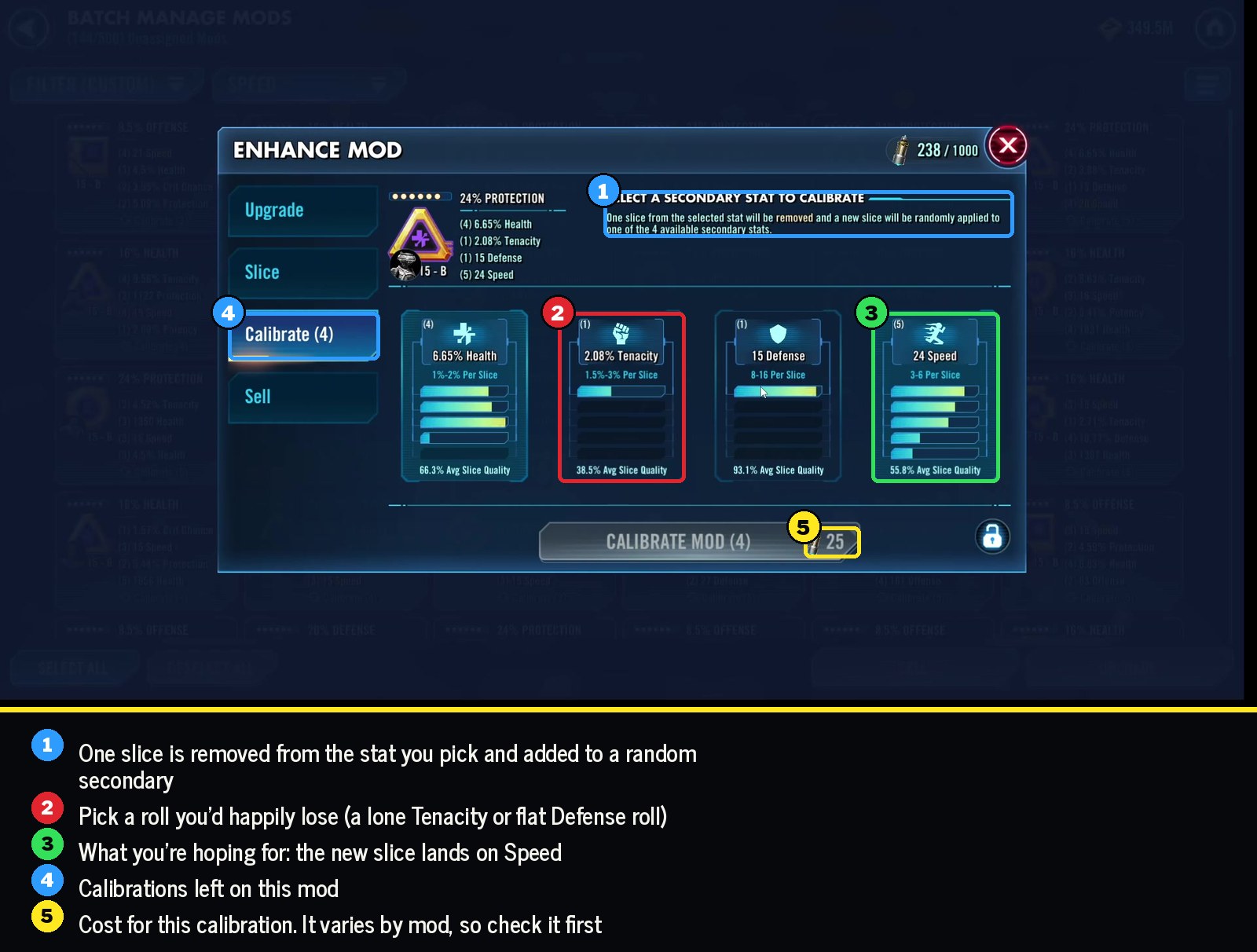 The calibrate screen: which roll to give up and what it costs