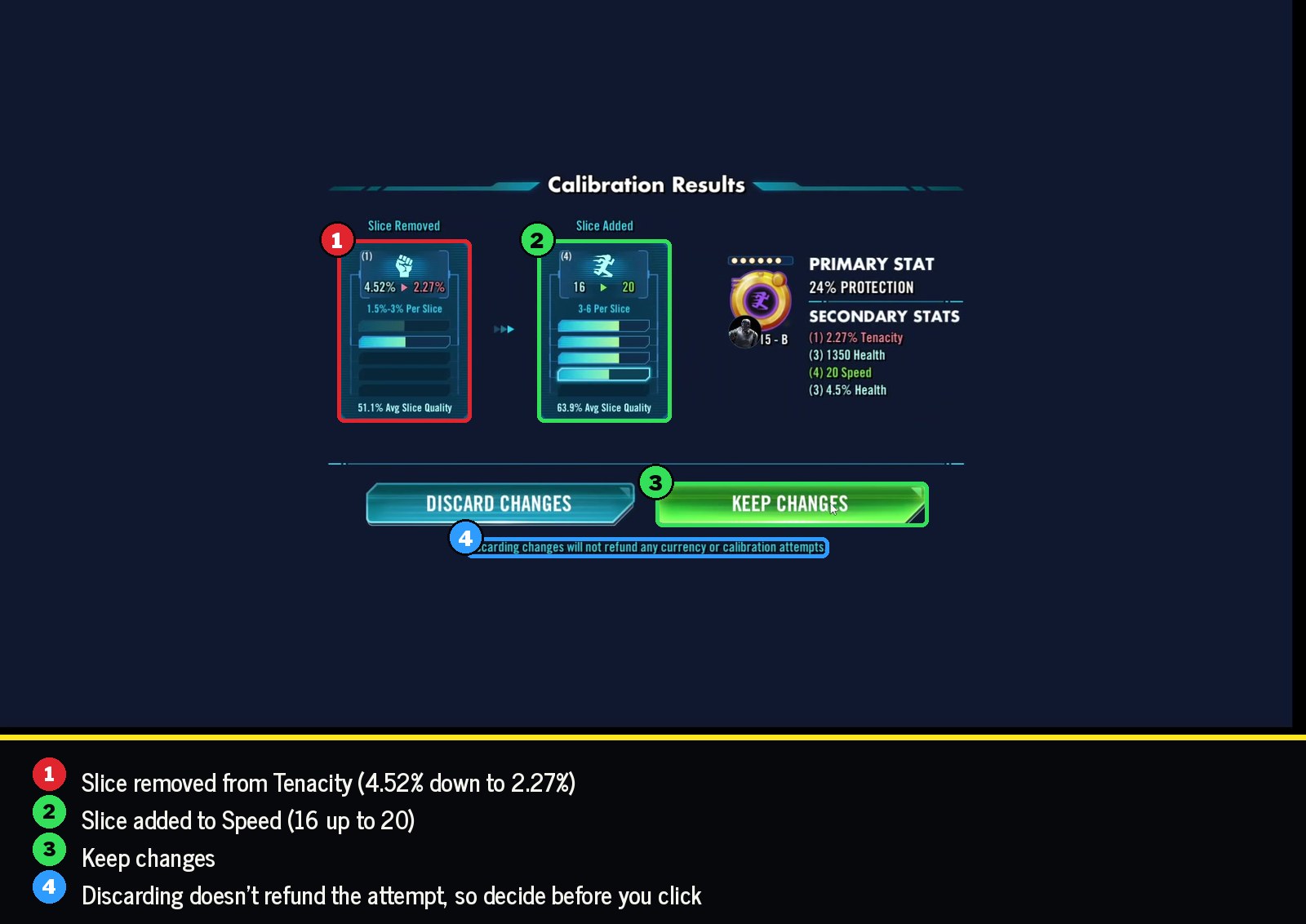 Calibration result: a tenacity slice moved onto speed, 16 to 20